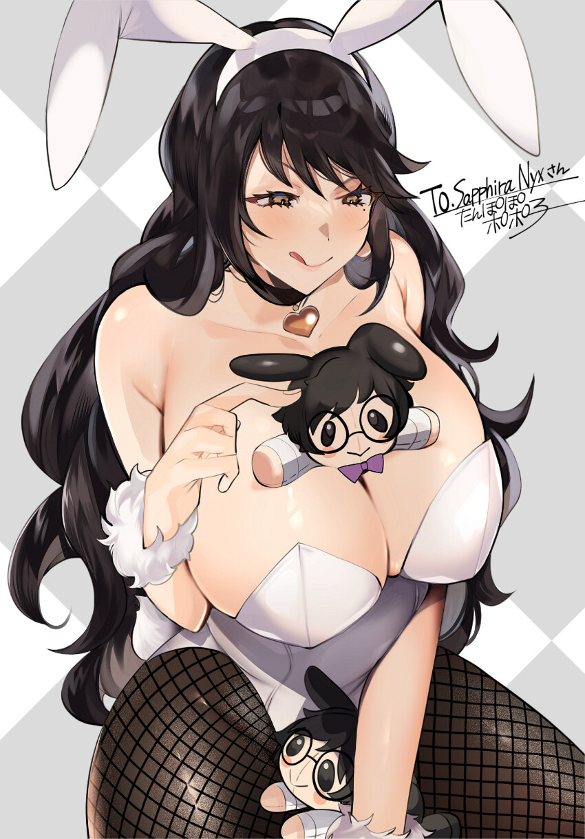 1girl animal_ears argyle_background armpit_crease between_breasts black_collar black_hair black_pantyhose blush breasts character_doll character_name cleavage collar commentary commission english_commentary eyebrows_hidden_by_hair fake_animal_ears final_fantasy final_fantasy_xiv fishnet_pantyhose fishnets fur_wrist_cuffs harurrpp heart heart_necklace highres huge_breasts jewelry leotard licking_lips long_hair looking_down necklace pantyhose playboy_bunny rabbit_ears sapphira_nyx second-party_source sitting smile solo tongue tongue_out very_long_hair warrior_of_light_(ff14) white_leotard white_wrist_cuffs wrist_cuffs