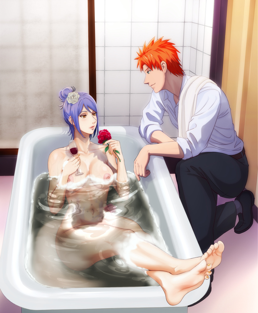 1boy 1girl absurdres bath bathroom breasts feet highres konan_(naruto) naruto_(series) naruto_shippuuden nipples nude orange_hair purple_hair short_hair yahiko_(naruto)