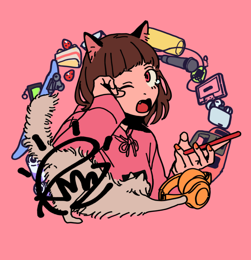 1girl airpods animal_ears boombox brown_hair cake cake_slice can cassette_tape cat cat_ears cat_girl cellphone character_signature commentary_request cropped_torso drawstring drink_can food hand_up headphones headphones_removed holding holding_phone hood hood_down hoodie ken_sogen kmnz liz_(kmnz) long_sleeves looking_at_viewer microphone one_eye_closed phone pink_background pink_eyes pink_hoodie rubbing_eyes short_hair simple_background skateboard smartphone solo tamagotchi tamagotchi_(virtual_pet) tearing_up tied_drawstring upper_body virtual_pet_(toy) virtual_youtuber wireless_earphones