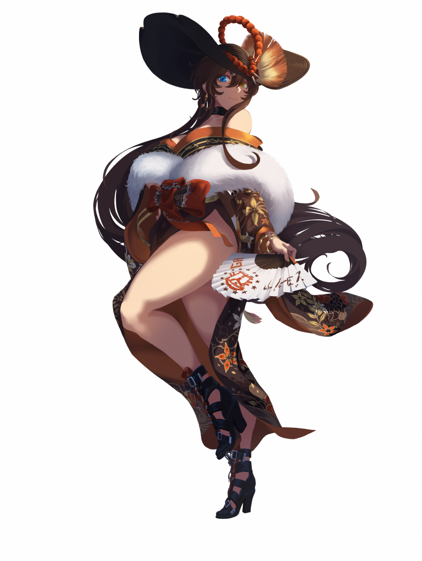 1girl absurdres azur_lane black_footwear black_hair black_headwear blue_eyes breasts brown_hair folding_fan fur georgia_(azur_lane) georgia_(exalted_vibrance)_(azur_lane) hand_fan hat heterochromia high_heels highres japanese_clothes kimono large_breasts long_hair paper_fan side_slit sun_hat thighs user_hjcm7484 yellow_eyes