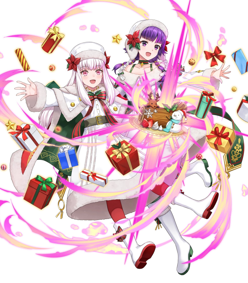 2girls amagai_tarou belt boots bow box braid cape choker collarbone fire_emblem fire_emblem:_the_sacred_stones fire_emblem:_three_houses fire_emblem_heroes floating floating_object food full_body fur_trim gift gift_box gold_trim hat highres knee_boots long_hair long_sleeves looking_away lute_(fire_emblem) lute_(winter)_(fire_emblem) lysithea_von_ordelia lysithea_von_ordelia_(winter) multiple_girls nintendo official_art open_mouth pantyhose purple_eyes purple_hair red_legwear simple_background smile snowman transparent_background white_footwear white_hair