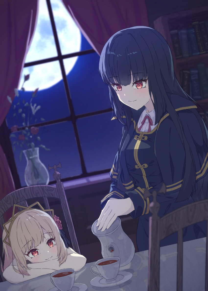absurdres atre black_hair blonde_hair blush book bookshelf chair cup curtains dress ecute flower full_moon hair_flower hair_ornament highres jashin-chan_dropkick long_hair moon multiple_girls pouring red_eyes red_ribbon ribbon tea teacup teapot tiara vampire vase window yoyon_b