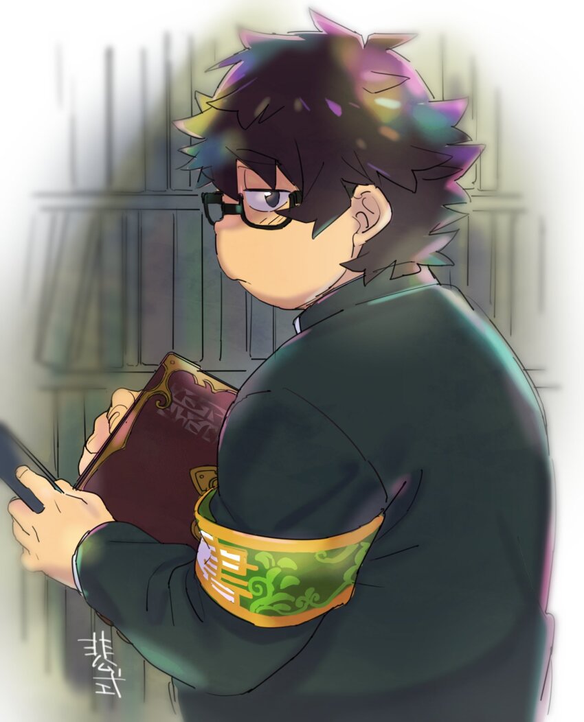 1boy armband book bookshelf brown_hair closed_mouth commentary_request fat fat_man gakuran glasses green_gakuran highres holding holding_book looking_at_viewer male_focus profile purasu_no_konbu school_uniform short_hair solo tokyo_houkago_summoners upper_body urabe_furufumi