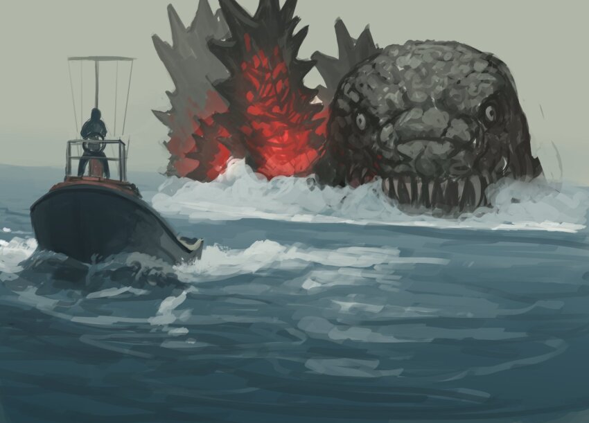 1boy boat giant giant_monster glowing glowing_spikes godzilla godzilla_(series) godzilla_chasing_boat_(meme) godzilla_minus_one highres horror_(theme) kaiju meme monster ocean raincoat shin_godzilla spikes steel_neck swimming toho water watercraft waves