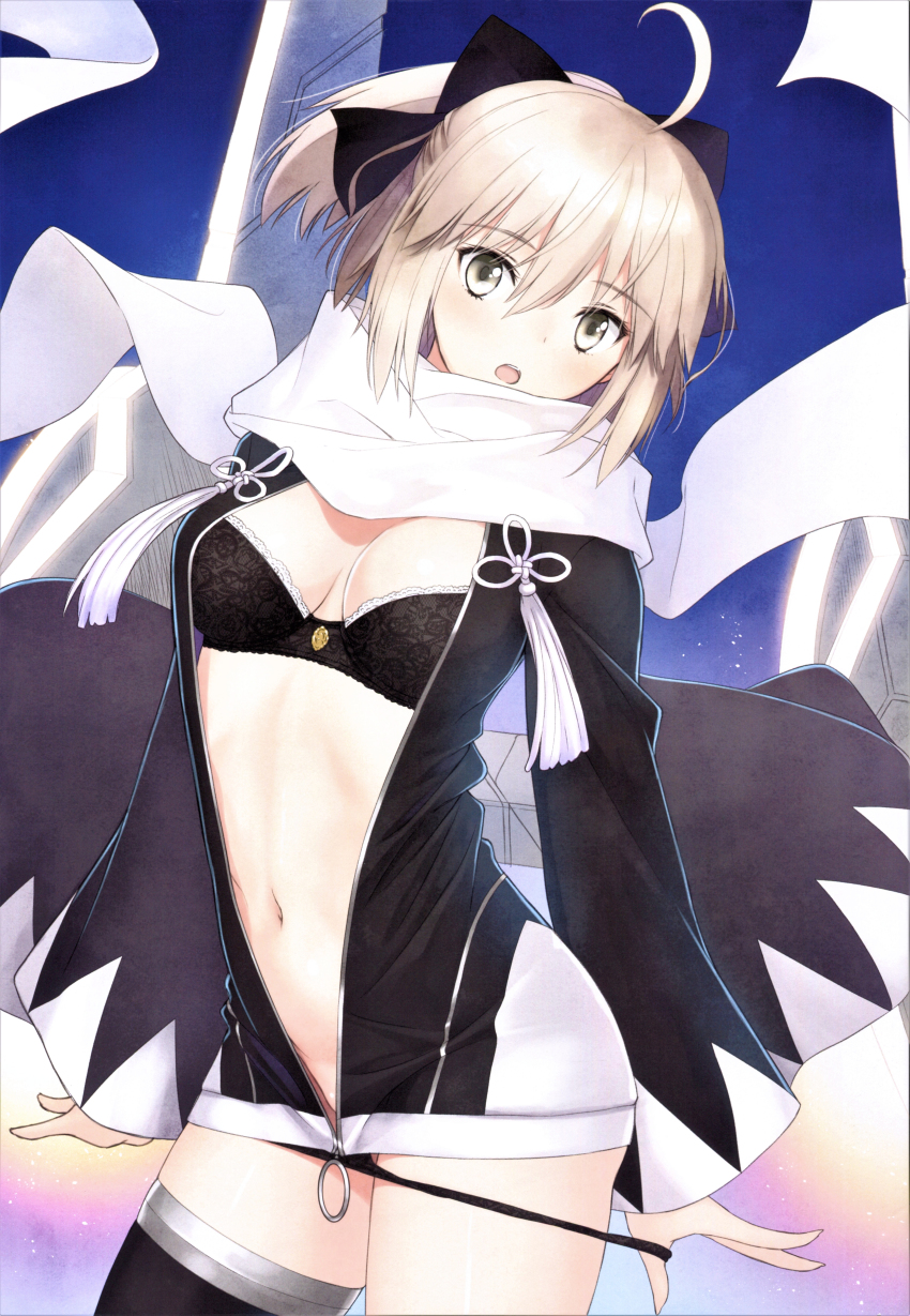 1girl absurdres ahoge black_bow black_bra black_panties black_thighhighs blush bow bra breasts cleavage fate/grand_order fate_(series) female_focus gradient_background hair_bow highres huge_filesize koha-ace long_sleeves medium_breasts navel okita_j._souji_(fate) okita_j._souji_(second_ascension)_(fate) okita_souji_(fate) okita_souji_(koha-ace) open_mouth panties panty_pull pulling_own_clothes scan scarf shiny_skin short_hair simple_background solo stomach thighhighs tony_taka underwear white_scarf wide_sleeves yellow_eyes zipper zipper_pull_tab