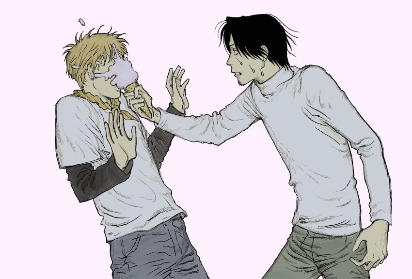 2boys bandana bandana_around_neck black_eyes black_hair blonde_hair commentary_request constricted_pupils denim facial_hair food food_on_face from_side goatee_stubble hacchi_(napoli_no_otokotachi) hands_up highres holding holding_ice_cream_cone ice_cream_cone in_the_face jeans layered_sleeves long_sleeves looking_at_another male_focus multiple_boys napoli_no_otokotachi nervous nervous_sweating outstretched_arm pants parted_lips profile q-gou_(no_nine_84) short_hair short_over_long_sleeves short_sleeves simple_background stubble sugiru_(napoli_no_otokotachi) sweat sweater white_sweater yellow_bandana