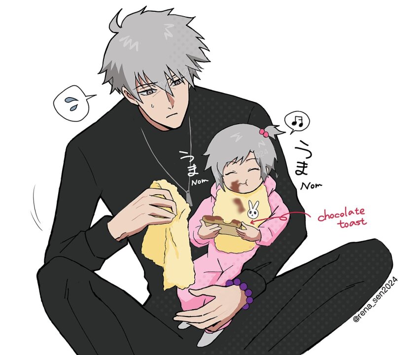 1boy 1girl :t baby bib black_shirt carrying carrying_baby carrying_person crossed_ankles eating english_text feet_out_of_frame ghostblade_(to_be_hero_x) grey_eyes grey_hair holding_rag jewelry necklace on_ground one_side_up parent_and_child rena_sen2024 rosary shirt short_hair smile sound_effects spoken_emoji to_be_hero to_be_hero_x translation_request wang_nuonuo