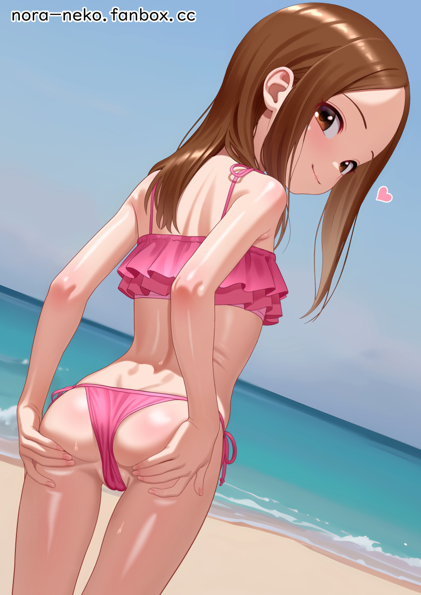 1girl absurdres ass beach bikini brown_eyes brown_hair fanbox_username from_behind heart highres karakai_jouzu_no_takagi-san loli long_hair looking_at_viewer looking_back nora_neko_(fjya7473) ocean outdoors pink_bikini smile solo swimsuit takagi-san