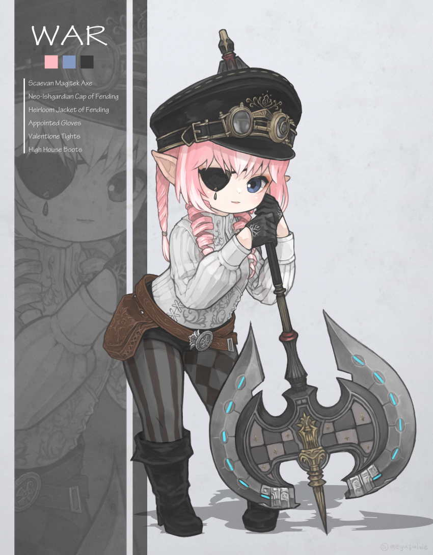 1girl absurdres asymmetrical_legwear axe belt black_footwear black_gloves black_headwear blue_eyes boots checkered_clothes checkered_legwear closed_mouth collar drill_hair english_text eyepatch final_fantasy final_fantasy_xiv flat_cap flat_chest full_body gloves goggles goggles_on_headwear hat highres holding holding_axe lalafell leaning_forward leaning_on_weapon lips medium_hair multiple_views pink_hair pointy_ears puluie shadow shirt simple_background striped_clothes striped_thighhighs thighhighs twin_drills warrior_(final_fantasy) warrior_of_light_(ff14) white_collar white_shirt