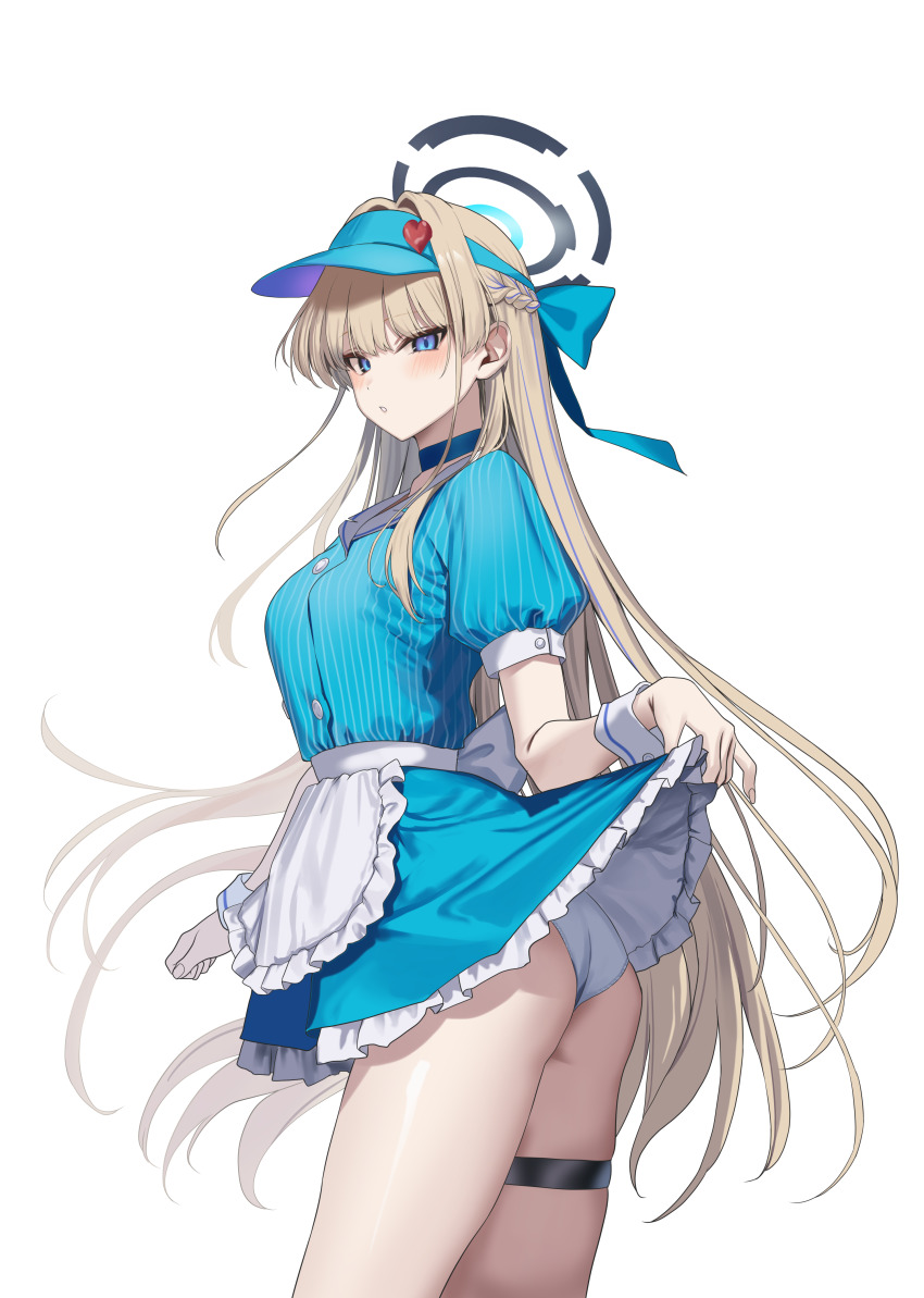 1girl absurdres alternate_costume apron ass blonde_hair blue_archive blue_bow blue_choker blue_dress blue_eyes blue_halo blue_shirt blue_skirt blue_visor blush bow choker clothes_lift dress frilled_apron frills from_side hair_bow hair_intakes halo hidis0086 highres lifting_own_clothes long_hair looking_at_viewer mesmerizer_(vocaloid) panties pantyshot puffy_short_sleeves puffy_sleeves shirt short_sleeves simple_background skirt skirt_lift solo striped_clothes striped_dress thigh_strap thighs toki_(blue_archive) underwear vertical-striped_clothes vertical-striped_dress visor_cap waist_apron waitress wedgie white_background white_panties white_wrist_cuffs wrist_cuffs