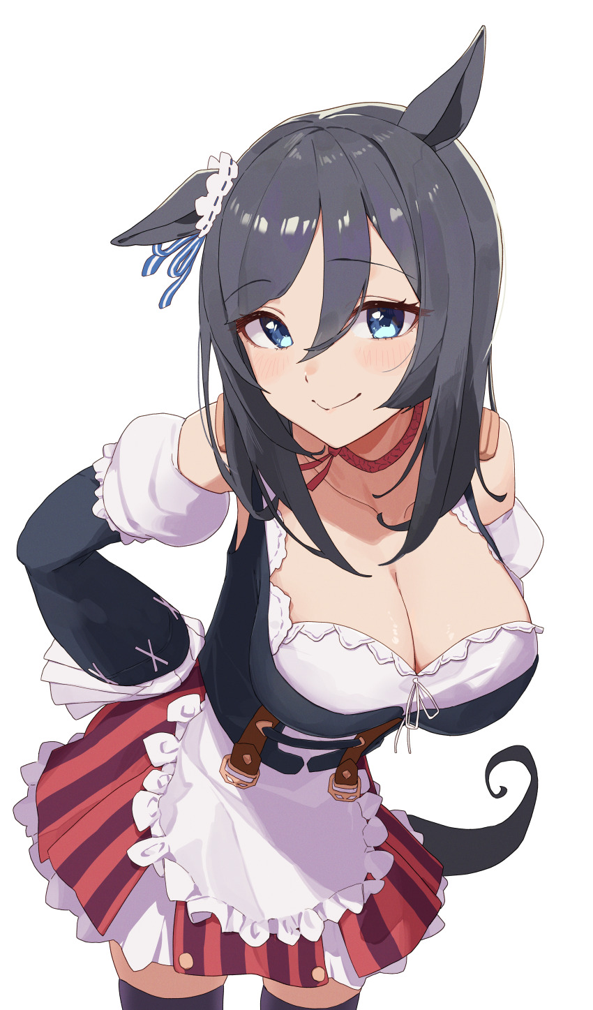 1girl absurdres animal_ears apron asobi_nin black_hair black_thighhighs blue_eyes blush bodice bow breasts choker cleavage closed_mouth collarbone commentary dirndl ear_ornament ear_ribbon ear_scrunchie eishin_flash_(meisterschaft)_(umamusume) eishin_flash_(umamusume) german_clothes hair_between_eyes highres horse_ears horse_girl horse_tail large_breasts long_sleeves looking_at_viewer medium_hair red_choker red_skirt scrunchie shirt simple_background skirt smile solo striped_clothes striped_skirt tail thighhighs umamusume vertical-striped_clothes vertical-striped_skirt white_apron white_background white_scrunchie white_shirt zettai_ryouiki