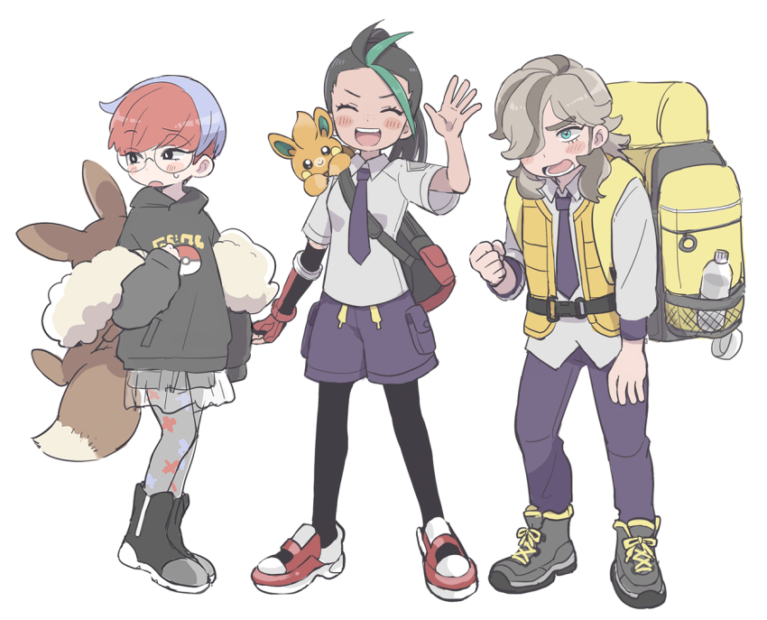 1boy 2girls 50yen_(gojiue) :d arven_(pokemon) backpack bag black_pantyhose boots bottle brown_bag collared_shirt commentary_request glasses hand_up hood hoodie long_hair long_sleeves multicolored_hair multiple_girls necktie nemona_(pokemon) nintendo open_clothes open_mouth open_vest pants pantyhose pawmi penny_(pokemon) pokemon pokemon_(creature) pokemon_sv ponytail round_eyewear school_uniform see-through_clothes see-through_skirt shirt shoes short_hair short_sleeves shorts shorts_under_skirt skirt smile standing two-tone_hair vest water_bottle yellow_bag