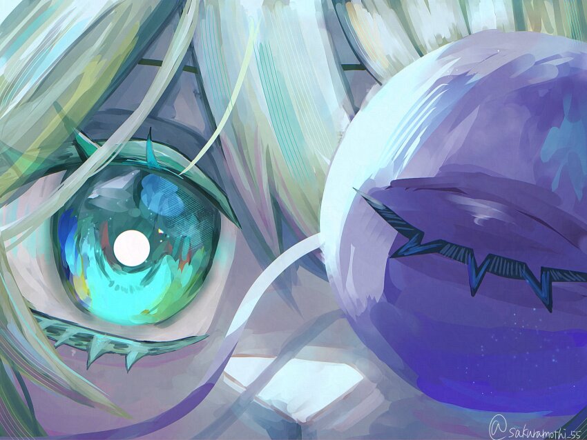 1girl aqua_eyes eyeball green_eyes highres komeiji_koishi looking_at_viewer sakuramochi_55 solo third_eye touhou twitter_username