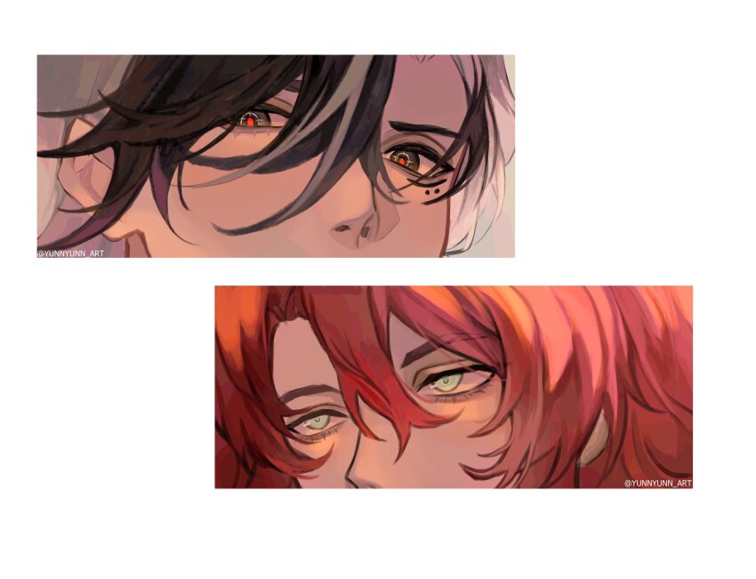 2boys absurdres argenti_(honkai:_star_rail) black_hair boothill_(honkai:_star_rail) commentary english_commentary eye_focus eyelashes facial_mark green_eyes hair_between_eyes highres honkai:_star_rail honkai_(series) looking_at_viewer looking_to_the_side male_focus multicolored_eyes multicolored_hair multiple_boys red_hair sideways_glance twitter_username white_background white_hair yunnyunn_art