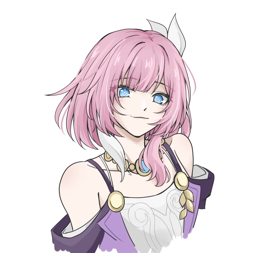 1girl absurdres bare_shoulders blue_eyes bra_strap chinese_commentary commentary_request cyrene_(honkai:_star_rail) dress hair_ribbon highres honkai:_star_rail honkai_(series) jewelry looking_at_viewer necklace off-shoulder_dress off_shoulder pink_hair ribbon short_hair simple_background smile solo upper_body white_background white_ribbon woyaoshuijiao_(taberd)