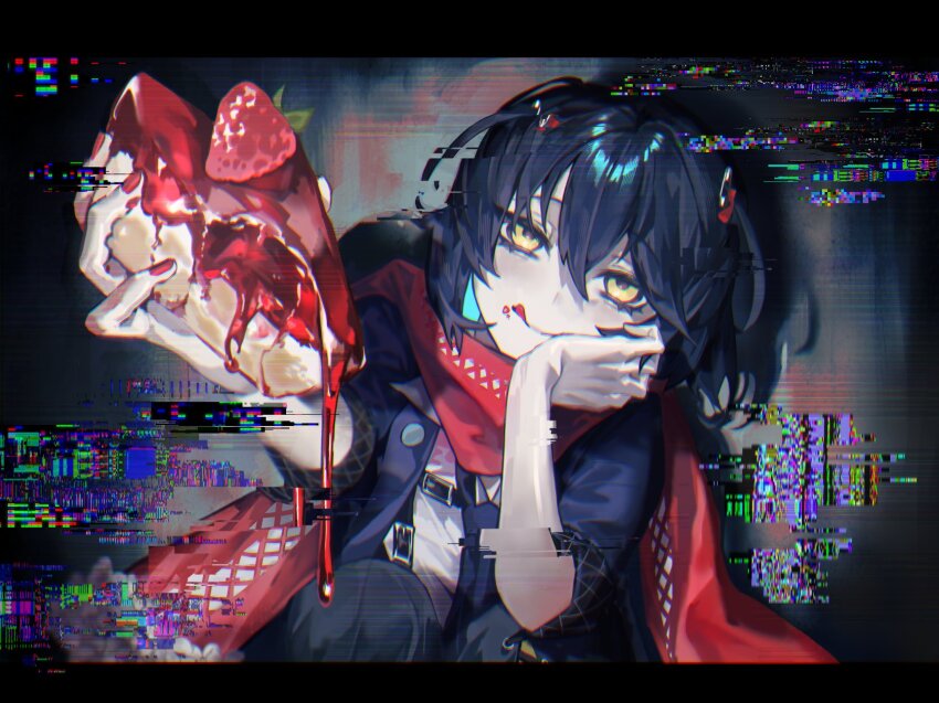 1boy ambiguous_red_liquid black_hair chromatic_aberration closed_mouth colored_inner_hair food fruit gear_(gear_990) glitch hair_between_eyes hand_on_own_cheek hand_on_own_face head_rest highres holding holding_food letterboxed looking_at_viewer male_focus mashiro_meme mashiro_meme_(1st_costume) multicolored_hair nijisanji paperclip_hair_ornament red_nails red_scarf scarf sitting smile solo strawberry tongue tongue_out trap upper_body virtual_youtuber yellow_eyes