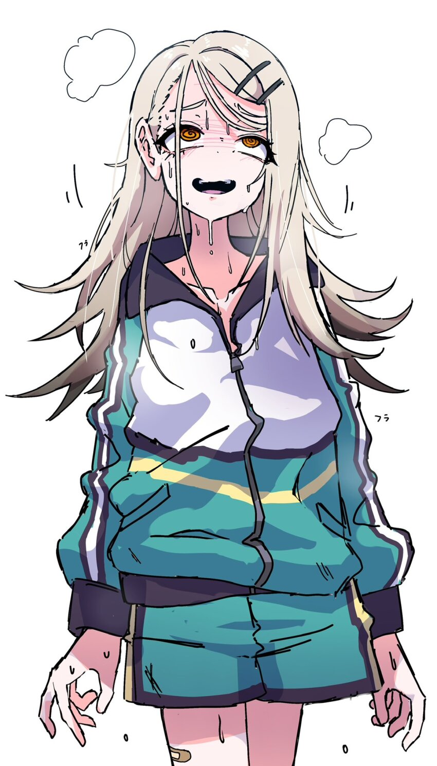 1girl bandaid bandaid_on_leg blonde_hair breath collarbone commentary_request cowboy_shot dizzy dr_yamero gakuen_idolmaster green_jacket hair_ornament hairclip highres idolmaster jacket long_hair long_sleeves looking_at_viewer multicolored_jacket open_mouth orange_eyes shinosawa_hiro shorts solo sweat trembling white_jacket
