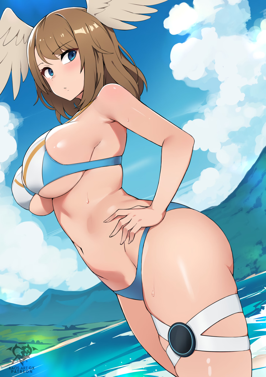1girl bare_arms bare_shoulders bikini blue_eyes blush breasts brown_hair closed_mouth curvy day eunie_(xenoblade) from_side hand_on_own_hip head_wings highres kaos_art lake large_breasts long_hair looking_at_viewer looking_to_the_side multicolored_bikini navel outdoors sideboob solo swept_bangs swimsuit thigh_strap water wings xenoblade_chronicles_(series) xenoblade_chronicles_3