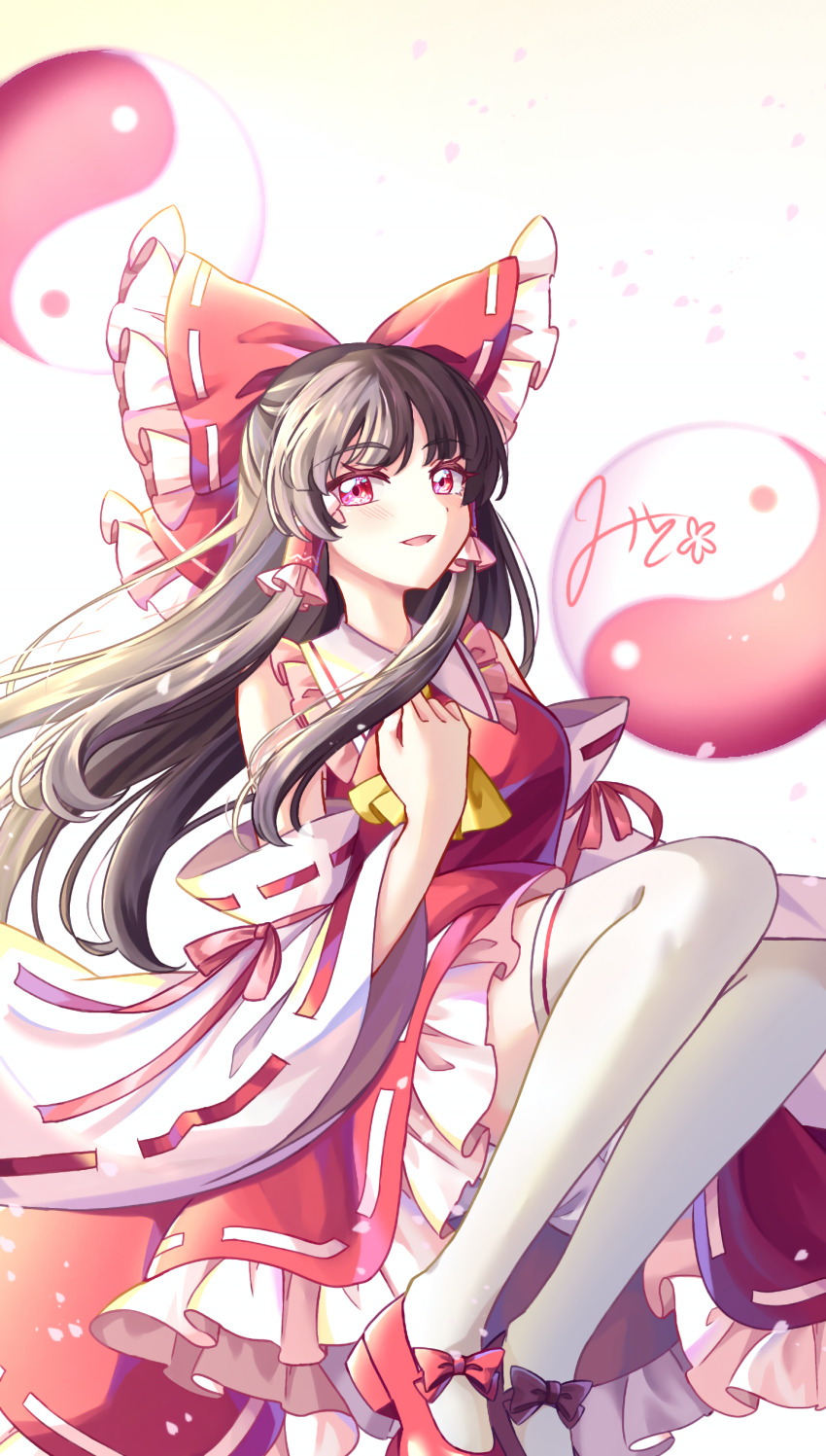 1girl absurdres ascot bow brown_hair commentary_request detached_sleeves frilled_bow frilled_hair_tubes frilled_skirt frills hair_bow hair_tubes hakurei_reimu highres light_blush long_hair looking_at_viewer mito_(fate) open_mouth orb red_bow red_eyes red_shoes red_skirt ribbon-trimmed_skirt ribbon-trimmed_sleeves ribbon_trim shoes signature skirt skirt_set smile solo thighhighs touhou white_thighhighs yellow_ascot yin_yang yin_yang_orb