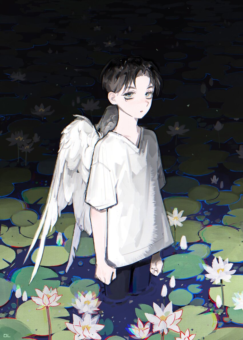 1boy arm_at_side black_hair chromatic_aberration cowboy_shot curtained_hair feathered_wings flower from_side gradient_background highres lily_pad lotus mong_120 original parted_lips partially_submerged shirt short_hair short_sleeves solo teardrop water water_lily_flower white_lotus white_shirt white_wings wings
