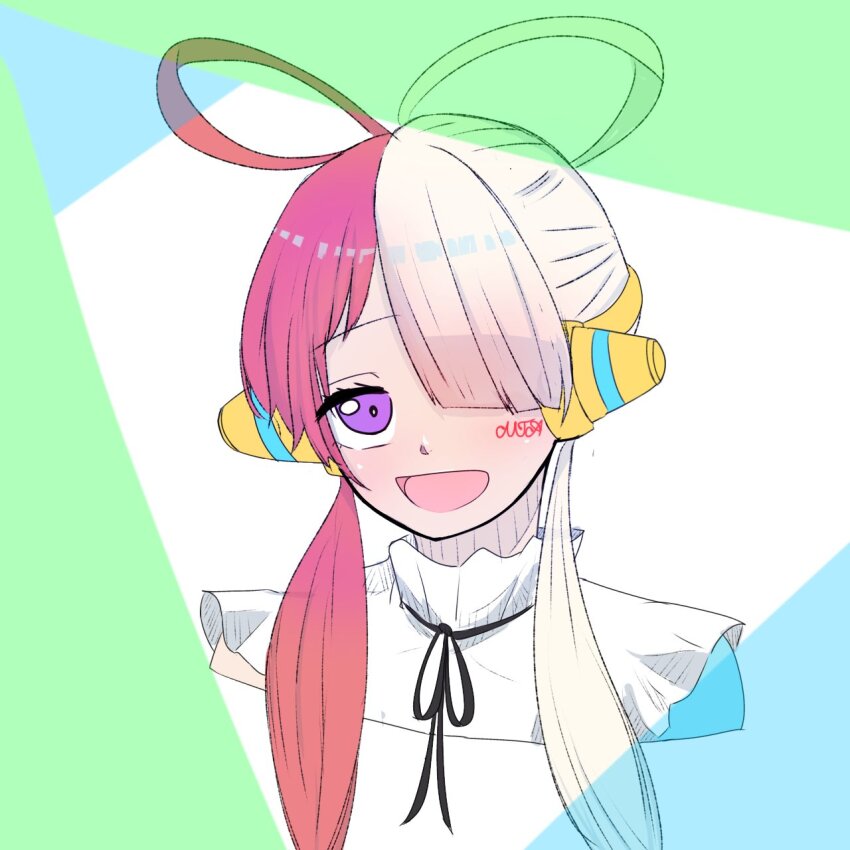 1girl behind-the-head_headphones black_ribbon character_name commentary_request cropped_shoulders facial_mark hair_over_one_eye hair_rings headphones highres long_hair multicolored_hair neck_ribbon one_piece one_piece_film:_red portrait purple_eyes red_hair ribbon solo split-color_hair tanake_(tanakei_ado) uta_(one_piece) white_hair