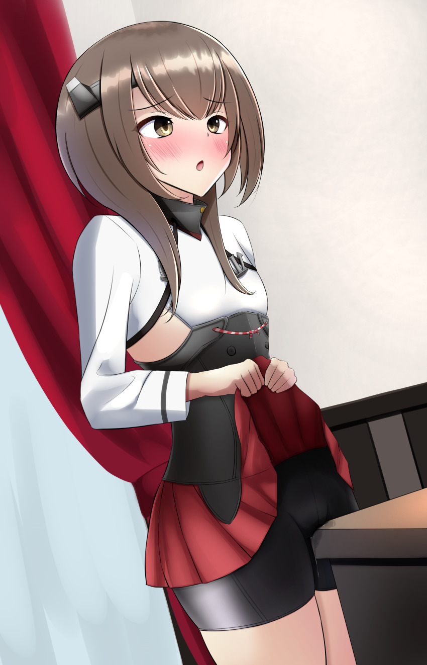 1girl absurdres bike_shorts black_shorts blush brown_eyes brown_hair clothed_masturbation clothes_lift crotch_rub desk female_masturbation flat_chest hakama hakama_lift hakama_short_skirt hakama_skirt headband headgear highres indoors japanese_clothes kantai_collection lifting_own_clothes masturbation masturbation_through_clothes nokonoko pussy_juice red_hakama shorts shorts_under_skirt skirt solo table_humping taihou_(kancolle)
