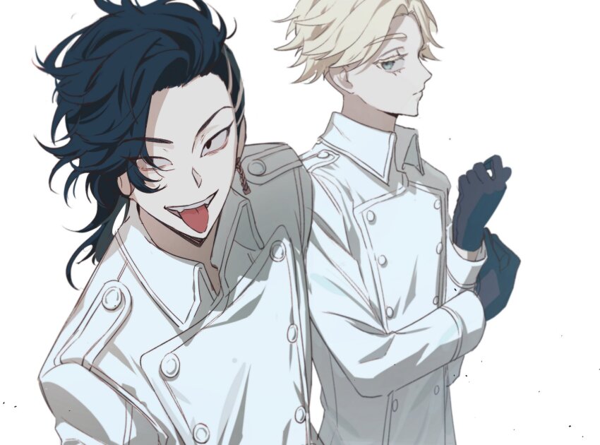 2boys asymmetrical_hair black_eyes black_gloves black_hair blonde_hair blue_eyes cowboy_shot earrings gloves highres inui_seishu jacket jewelry kokonoi_hajime long_sleeves looking_at_viewer male_focus medium_hair multiple_boys open_mouth sebin_13 short_hair simple_background single_earring smile standing tokyo_revengers tongue tongue_out tsurime white_background white_jacket