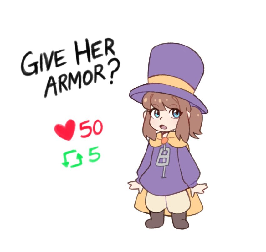 1girl ? a_hat_in_time ankle_boots arms_at_sides blue_eyes boots brown_hair brown_pants cape child commentary english_commentary english_text full_body hat hat_kid hat_ribbon heart jacket like_and_retweet long_sleeves looking_to_the_side medium_hair open_hands open_mouth pants ponytail purple_hat purple_jacket reverse_strip_game ribbon sidelocks simple_background solo standing top_hat twitter_strip_game white_background xxfaylinnxx yellow_cape yellow_ribbon zipper zipper_pull_tab