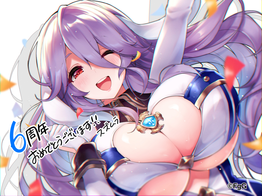 1girl ;d absurdres ancient_killers_(phantom_of_the_kill) anniversary arm_up blush breasts collar company_name confetti freischutz_(phantom_of_the_kill) hair_between_eyes hair_over_breasts highres huge_breasts looking_at_viewer official_art one_eye_closed open_mouth phantom_of_the_kill purple_hair red_eyes sleeve_cuffs smile solo