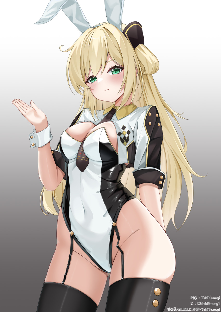 1girl absurdres ahoge alternate_costume animal_ears black_necktie black_thighhighs blonde_hair blush breasts closed_mouth fake_animal_ears garter_straps green_eyes groin hair_between_eyes hair_ornament highres large_breasts leotard long_sleeves necktie non-pubic_inmon playboy_bunny simple_background sky_striker_ace_-_raye solo thighhighs thighs tokiyanagi white_background white_leotard wrist_cuffs yu-gi-oh!