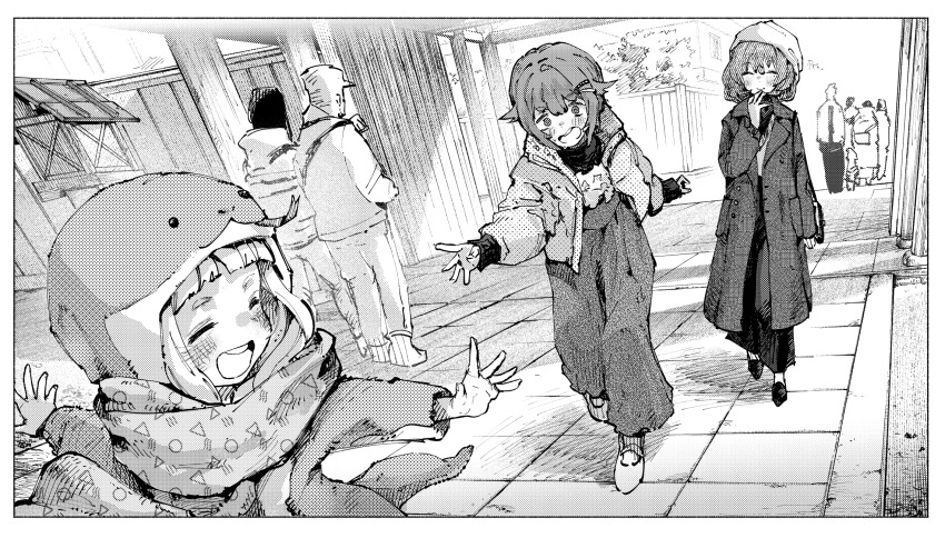100-year_hit_parade 3girls ^_^ animal_hood arched_bangs blunt_bangs blush border closed_eyes coat commentary_request fence flower greyscale hair_flower hair_ornament highres hood ichihara_nina idolmaster idolmaster_cinderella_girls jacket koshimizu_sachiko looking_at_another monochrome multiple_girls outdoors outstretched_arms people running scarf smile takagaki_kaede teeth upper_teeth_only walking white_border wooden_fence