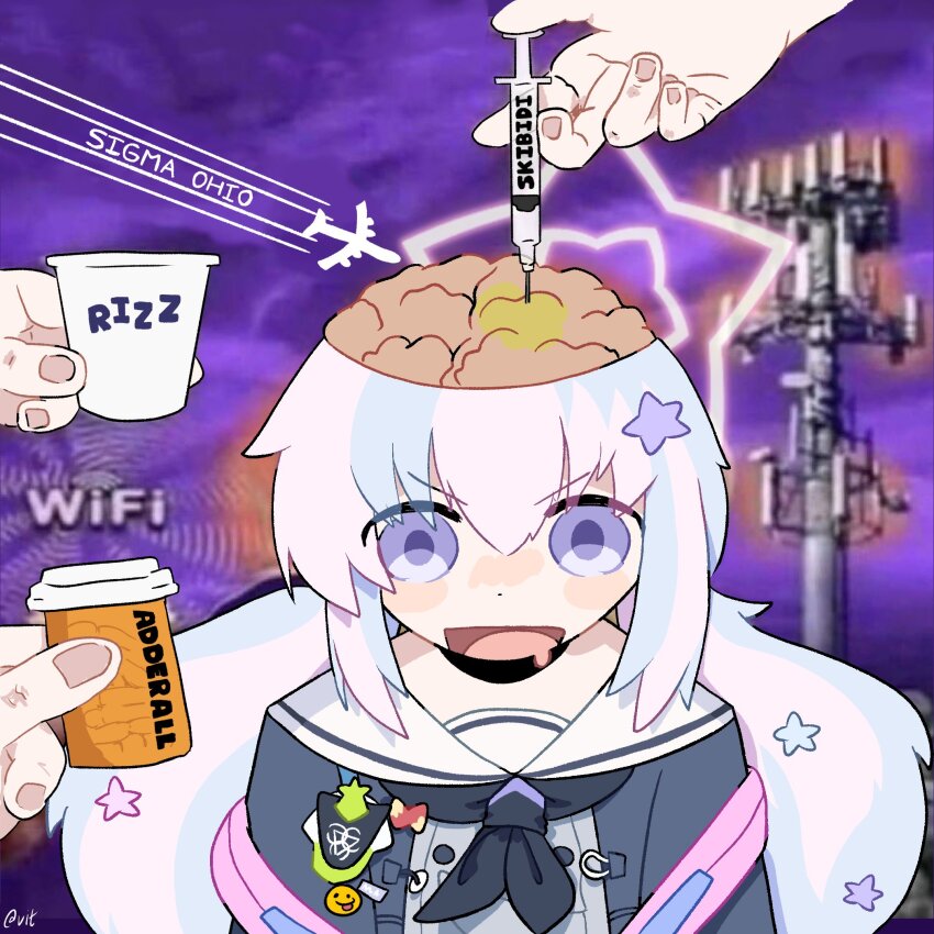 1girl blue_archive brain cellphone_tower_radiation_effects_(meme) drooling highres lobotomy long_hair low_twintails meme pill pill_bottle purple_eyes reisa_(blue_archive) rizz_(meme) saliva school_uniform serafuku sidelocks sigma_grindset_(meme) syringe twintails vitnoll zoomer_slang