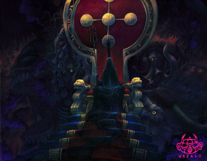 1other 5boys acrylic_paint_(medium) artist_logo bakotsu_(youkai) black_robe black_veil boar colored_sclera commentary crown curled_tusks english_commentary ethan-baron_v._nusjuro gorosei hagoromo highres holding holding_polearm holding_weapon horns imu_(one_piece) itsumade_(youkai) jaygarcia_saturn logo looking_at_viewer marcus_mars monster multiple_boys one_piece painting_(medium) polearm red_eyes robe sharp_teeth shawl shepherd_ju_peter sitting_on_throne stairs tall_crown teeth topman_warcury traditional_media trident tusks ushi-oni_(youkai) veil very_long_robe very_long_veil wafalo weapon yellow_sclera