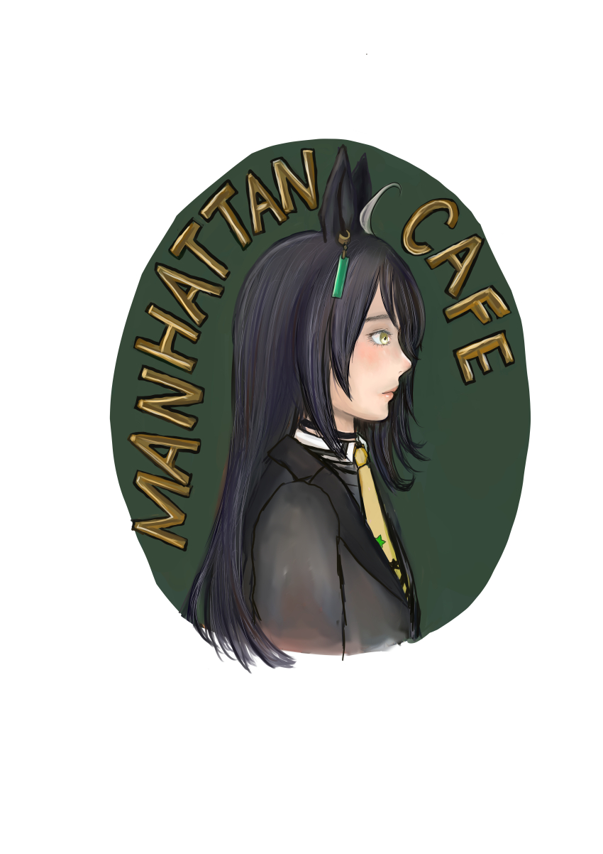 1girl 33ki71 absurdres animal_ears black_choker black_coat black_shirt character_name choker closed_mouth coat collared_shirt ear_tag earrings from_side grey_hair highres holding horse_ears horse_girl jewelry long_hair manhattan_cafe_(umamusume) multicolored_hair shirt simple_background single_earring solo umamusume very_long_hair white_background yellow_eyes yellow_nails