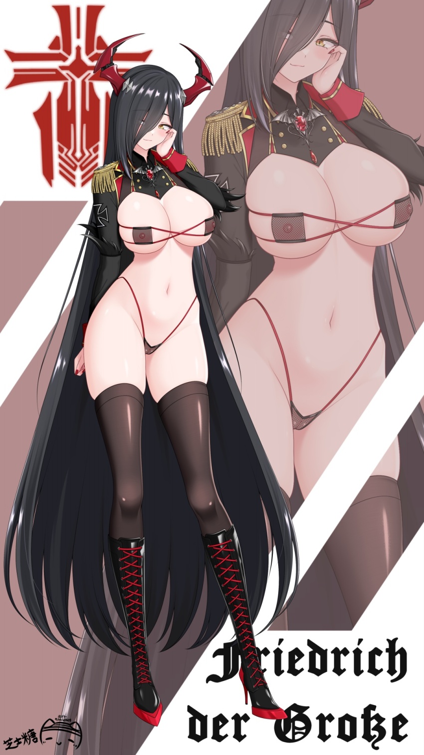 1girl alternate_costume azur_lane bat_wings bikini black_bikini black_footwear black_hair black_shrug boots breasts brown_background brown_thighhighs character_name commentary_request cross epaulettes fishnet_bikini friedrich_der_grosse_(azur_lane) full_body gem hair_over_one_eye hand_on_own_cheek hand_on_own_face high_heel_boots high_heels highleg highleg_bikini highres horns huge_breasts indoors iron_blood_(emblem) iron_cross long_hair long_sleeves looking_at_viewer mechanical_horns multiple_views nail_polish nipples ppshex red_gemstone red_horns red_nails revealing_clothes see-through_bikini see-through_clothes shrug_(clothing) simple_background skindentation swimsuit thighhighs very_long_hair white_background wings