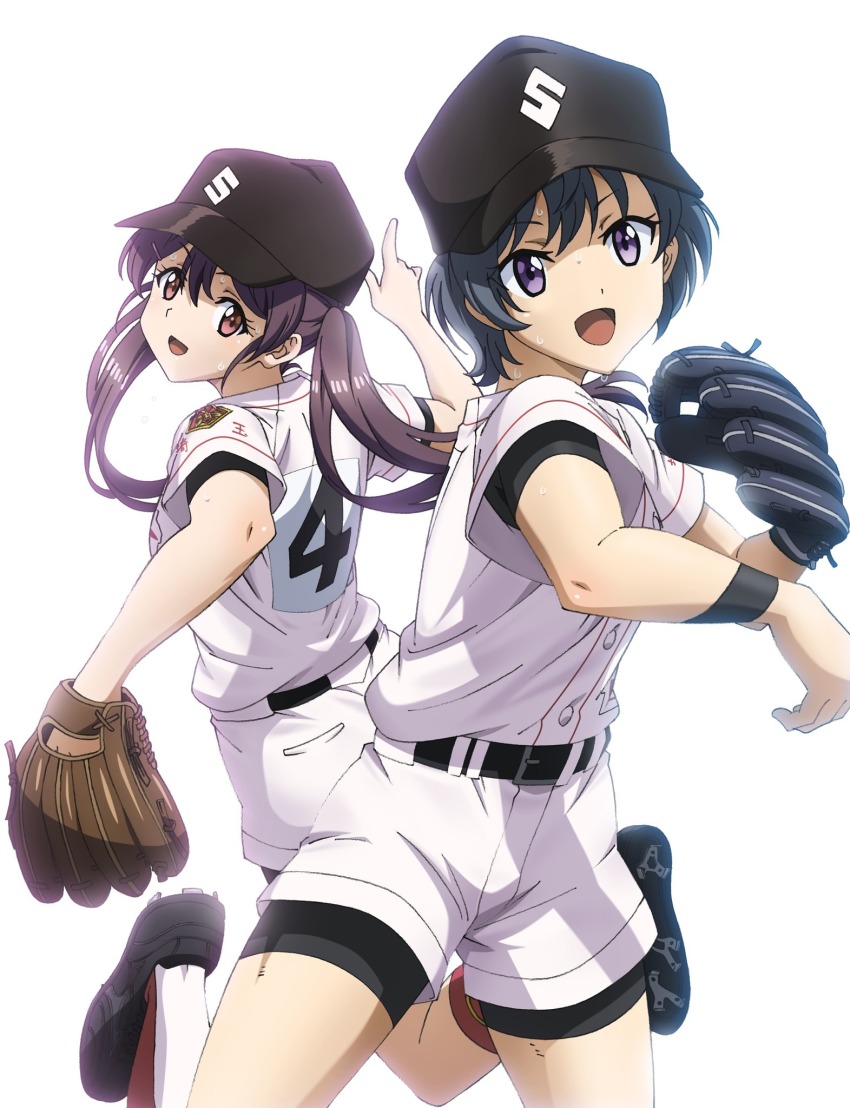 2girls baseball baseball_bat baseball_cap baseball_glove baseball_helmet baseball_jersey baseball_uniform belt bike_shorts bike_shorts_under_shorts black_footwear blue_hair clothes_writing fujita_sumire gloves hat helmet highres jersey kawasaki_ryou kikuta_kouichi long_hair multiple_girls official_art open_mouth pointing purple_eyes purple_hair red_legwear short_hair short_sleeves shorts simple_background smile sportswear standing tamayomi twintails visor_cap white_background white_legwear wristband