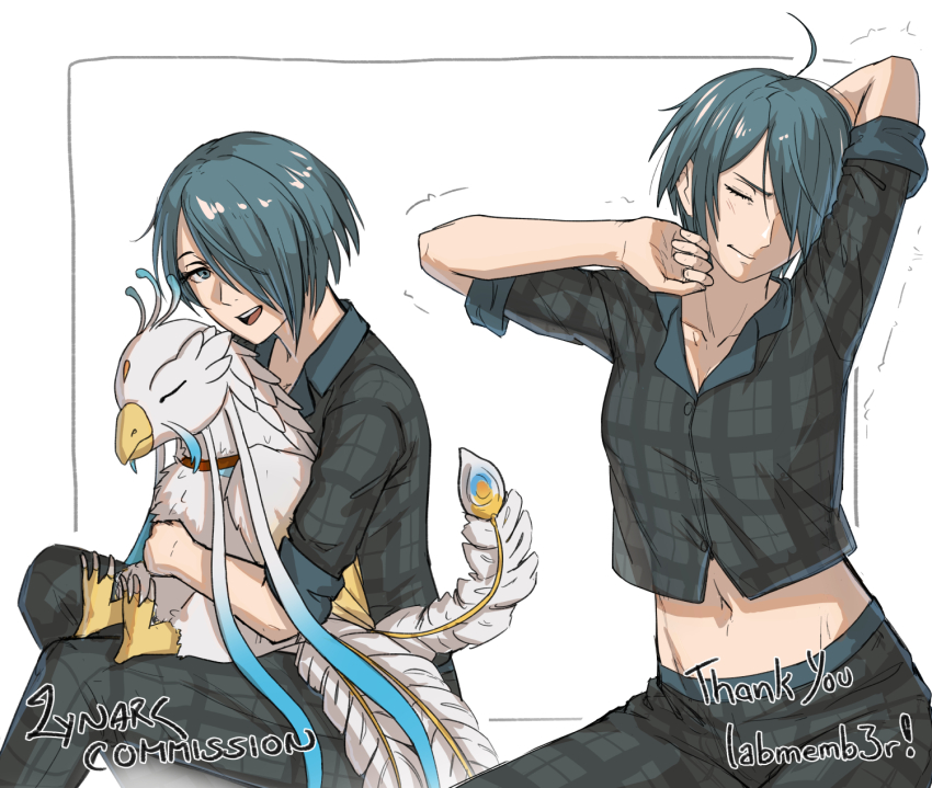 1girl ahoge black_pants black_shirt blue_eyes blue_hair collarbone collared_shirt commission cropped_shirt fire_emblem fire_emblem_fates hair_over_one_eye high-waist_pants highres hug inset_border ko-fi_commission lynarc midriff multiple_views navel nintendo open_mouth pajamas pants plaid_clothes plaid_pants plaid_shirt setsuna_(fire_emblem) shirt simple_background sitting smile stretching white_background