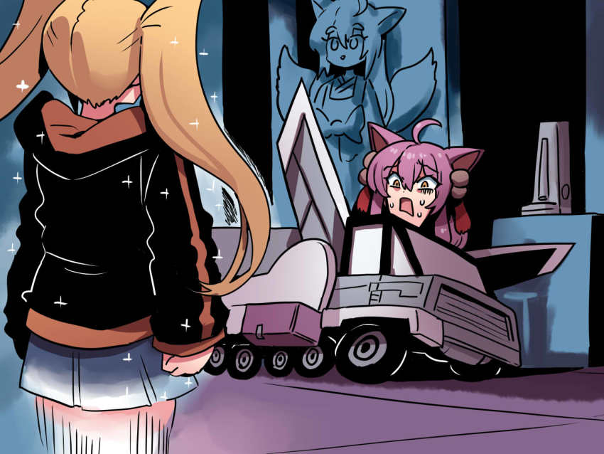 2girls motor_vehicle multiple_girls octane_(transformers) scared statue transformers truck tukiwani wheel
