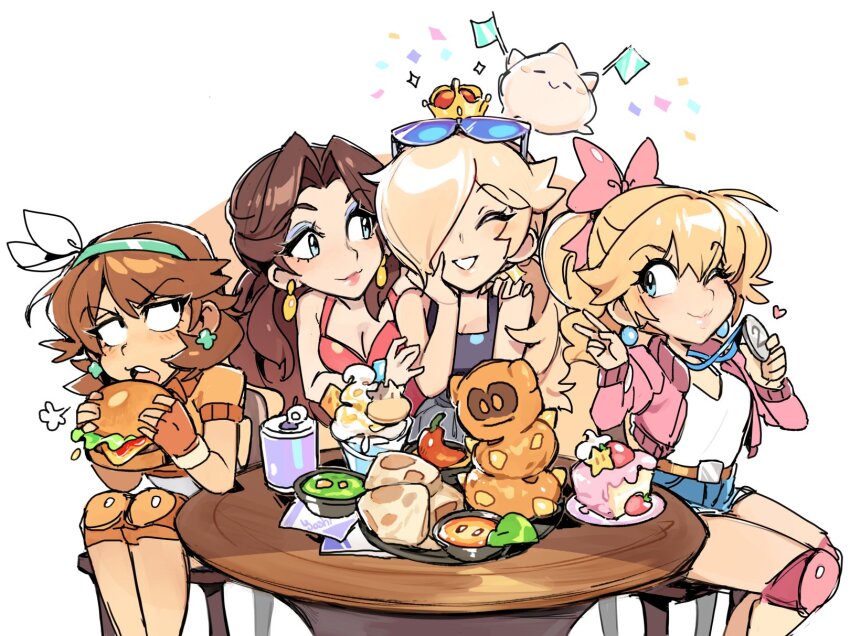 4girls almightychiru alternate_costume alternate_hairstyle bare_shoulders blonde_hair blue_eyes blush bow breasts brown_hair burger cake can chair cleavage closed_eyes crown denim denim_shorts dress drink_can earrings eyewear_on_head food gloves hair_bow highres holding holding_burger holding_food jacket jewelry knee_pads long_hair long_sleeves luma_(mario) mario_(series) mario_kart mario_kart_world medal multiple_girls nintendo official_alternate_costume official_alternate_hairstyle open_clothes open_jacket open_mouth pauline_(mario) pink_bow pink_jacket ponytail princess_daisy princess_daisy_(touring) princess_peach princess_peach_(touring) red_dress rosalina short_hair shorts sitting soda soda_can soup sunglasses table tongue