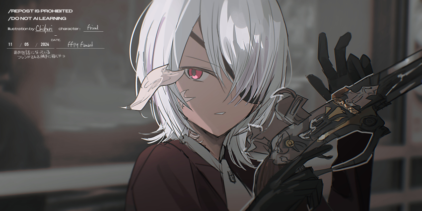 1girl antique_firearm au_ra black_gloves blurry blurry_background brown_jacket chihuri dated depth_of_field eyepatch final_fantasy final_fantasy_xiv firearm firelock flintlock gloves grey_hair gun hair_over_one_eye handgun highres holding holding_gun holding_weapon jacket looking_at_viewer red_eyes shirt signature solo translation_request trigger_discipline warrior_of_light_(ff14) watermark weapon white_shirt