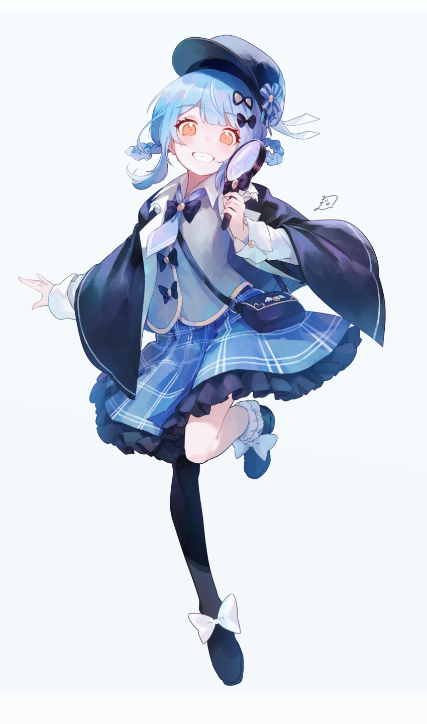 1girl absurdres asymmetrical_legwear black_bag black_bow black_capelet black_hat black_pantyhose black_shoes blue_hair blue_necktie blue_skirt bow braid braided_hair_rings capelet chishibuki_hiyoko collared_shirt commentary_request frilled_skirt frills full_body grey_background grey_vest grin hair_bow hair_rings hat highres holding holding_magnifying_glass long_sleeves looking_at_viewer magnifying_glass mahou_shoujo_no_majo_saiban necktie pantyhose plaid_clothes plaid_skirt shirt shoes simple_background skirt smile solo standing standing_on_one_leg tachibana_sherry vest white_bow white_shirt yellow_eyes