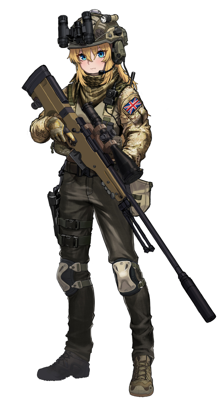 1girl absurdres accuracy_international ai_arctic_warfare ammunition_pouch bipod blonde_hair blue_eyes bolt_action boots brown_boots brown_gloves brown_pants bt_(user_udwc7853) buckle camouflage camouflage_jacket closed_mouth combat_helmet commentary ear_protection english_commentary fang flag_patch flashlight full_body gloves gun headset helmet highres holding holding_gun holding_weapon holster jacket knee_pads load_bearing_equipment long_sleeves magazine_(weapon) mask medium_hair military military_combat_uniform military_uniform night_vision_device original pants pouch rifle scope simple_background snap-fit_buckle sniper_rifle solo standing suppressor thigh_holster trigger_discipline union_jack unworn_mask weapon white_background