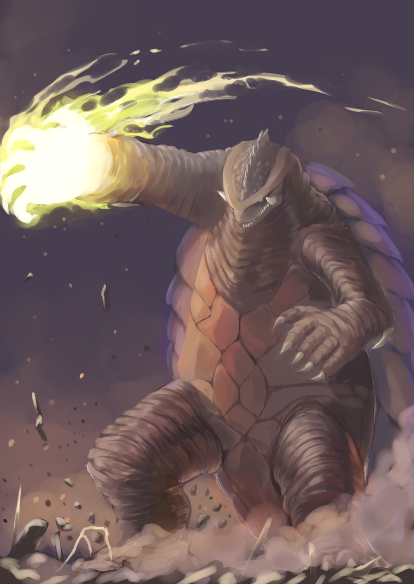 absurdres amputee banishing_fist banishing_sword daiei_film debris energy energy_arm energy_fist fire gamera gamera_(series) gamera_3:_revenge_of_iris glowing green_eyes highres kaiju misma no_humans plasma prosthesis prosthetic_arm rubble sea_monster turtle tusks