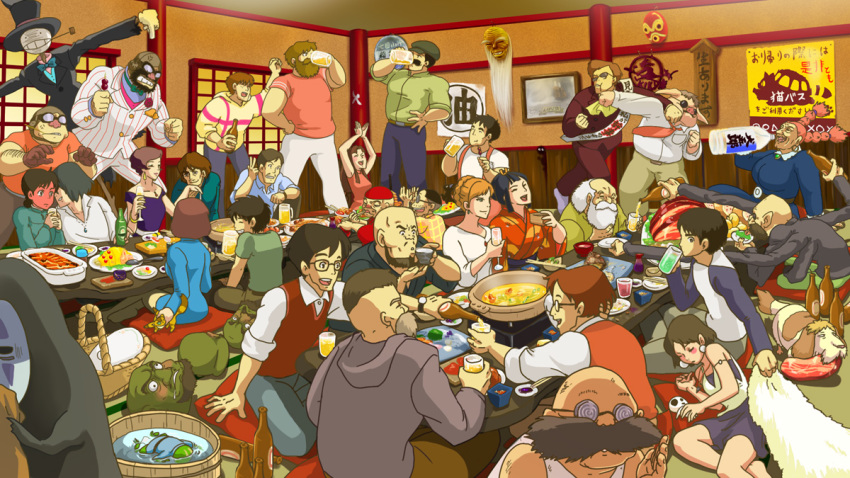 00s 1980s_(style) 1990s_(style) 6+boys 6+girls absolutely_everyone alcohol ashitaka basket beer company_connection creator_connection crossover dog dola_(laputa) drink drinking eboshi everyone food frog glasses howl howl_(howl_no_ugoku_shiro) kamajii kaonashi kaze_no_tani_no_nausicaa kurenai_no_buta kusakabe_tatsuo kushana mask mononoke_hime multiple_boys multiple_crossover multiple_girls muska nausicaa nekobus oldschool pie_(yunbymunch) porco_rosso_(character) prince_justin retro_artstyle lin_(sen_to_chihiro_no_kamikakushi) san_(mononoke_hime) sen_to_chihiro_no_kamikakushi severed_head shikigami sitting studio_ghibli tenkuu_no_shiro_laputa teto_(nausicaa) tonari_no_totoro