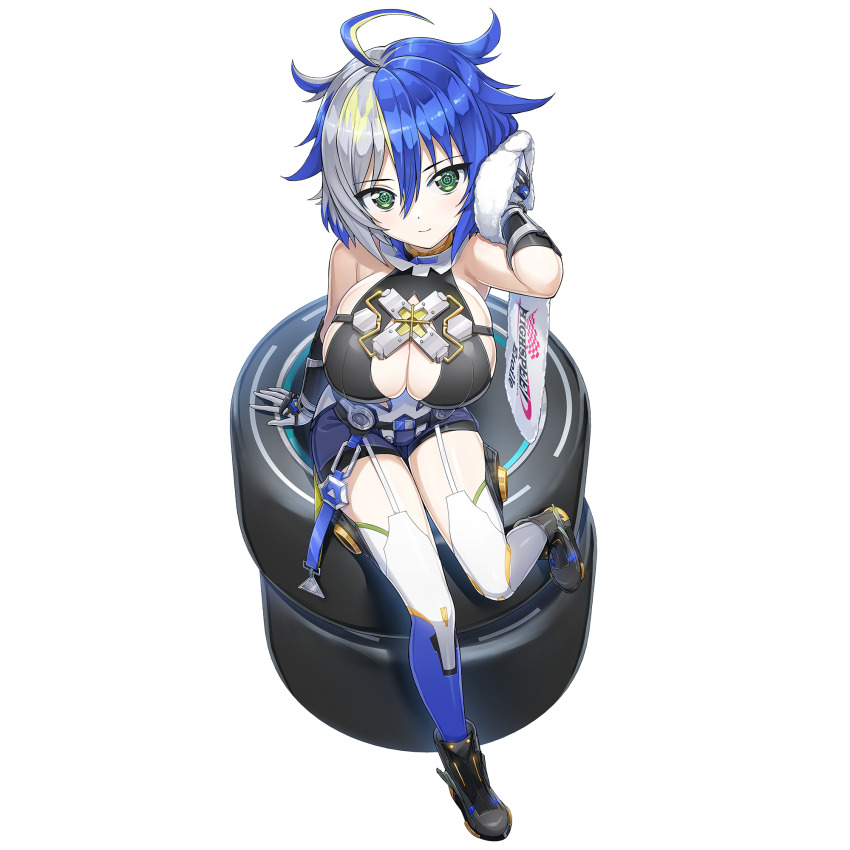 1girl ahoge asakawa_kanata asakawa_kanata_(cosplay) blue_hair breasts cleavage cleavage_cutout closed_mouth clothing_cutout cosplay crosshair_pupils dolphin_wave eines_(dolphin_wave) game_cg green_eyes grey_hair highres highspeed_etoile large_breasts looking_at_viewer messy_hair multicolored_hair non-web_source official_alternate_costume official_alternate_hairstyle official_art ootomo_takuji racing_suit short_hair sitting sitting_on_object smile towel transparent_background wiping_sweat