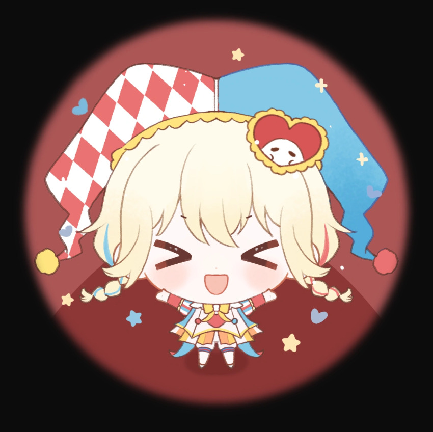 &gt;_&lt; 1girl all-night_party_(infinity_nikki) argyle_clothes argyle_hat baonu_de_zhanshen_caibutou black_border blonde_hair blue_hair blue_hat blush_stickers border bow bowtie braid chibi chinese_commentary clown coattails commentary_request dot_nose floating_hair hair_ornament hallway hat heart heart_hair_ornament highres indoors infinity_nikki jester_cap lace-trimmed_headwear lace_trim layered_sleeves light_particles long_hair long_sleeves multicolored_hair multicolored_hat multicolored_sleeves nikki_(series) open_mouth orange_skirt outstretched_arms pleated_skirt pom_pom_(clothes) puffy_short_sleeves puffy_shorts puffy_sleeves red_background red_hair red_hat red_sleeves round_border shirt shoes short_over_long_sleeves short_sleeves shorts shorts_under_skirt showgirl_skirt skirt smile solo sparkle standing star_(symbol) streaked_hair striped_clothes striped_skirt twin_braids vertical-striped_clothes vertical-striped_skirt vertical-striped_sleeves white_hat white_shirt white_shoes white_shorts yellow_bow yellow_bowtie