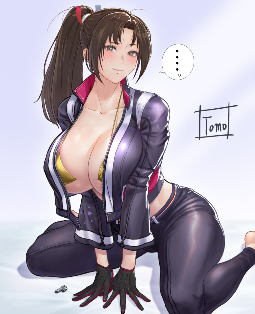 ... 1girl absurdres artist_name between_legs bikini bikini_under_clothes black_gloves black_pants breasts brown_eyes brown_hair cleavage closed_mouth commentary_request cropped_jacket fatal_fury fatal_fury:_city_of_the_wolves gloves gold_bikini golden_week hand_between_legs high_ponytail highres huge_breasts midriff motoyui pants ponytail shiranui_mai sitting speech_bubble spoken_ellipsis street_fighter street_fighter_6 swimsuit tomo_eokaiteru wariza