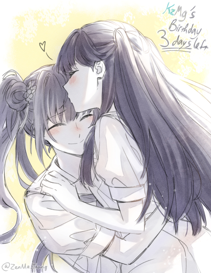 2girls ^_^ blush closed_eyes closed_mouth commentary couple dress english_text flower fujishima_megumi greyscale_with_colored_background hair_bun hair_flower hair_ornament hand_on_another&#039;s_shoulder hasu_no_sora_school_uniform heart highres hug kiss kissing_forehead link!_like!_love_live! lone_nape_hair long_hair love_live! multiple_girls neckerchief nose_blush otomune_kozue puffy_short_sleeves puffy_sleeves sailor_collar sailor_dress school_uniform short_sleeves side_ponytail sidelocks single_side_bun smile split_mouth summer_uniform twitter_username two_side_up upper_body virtual_youtuber yellow_background yuri zenma_trang
