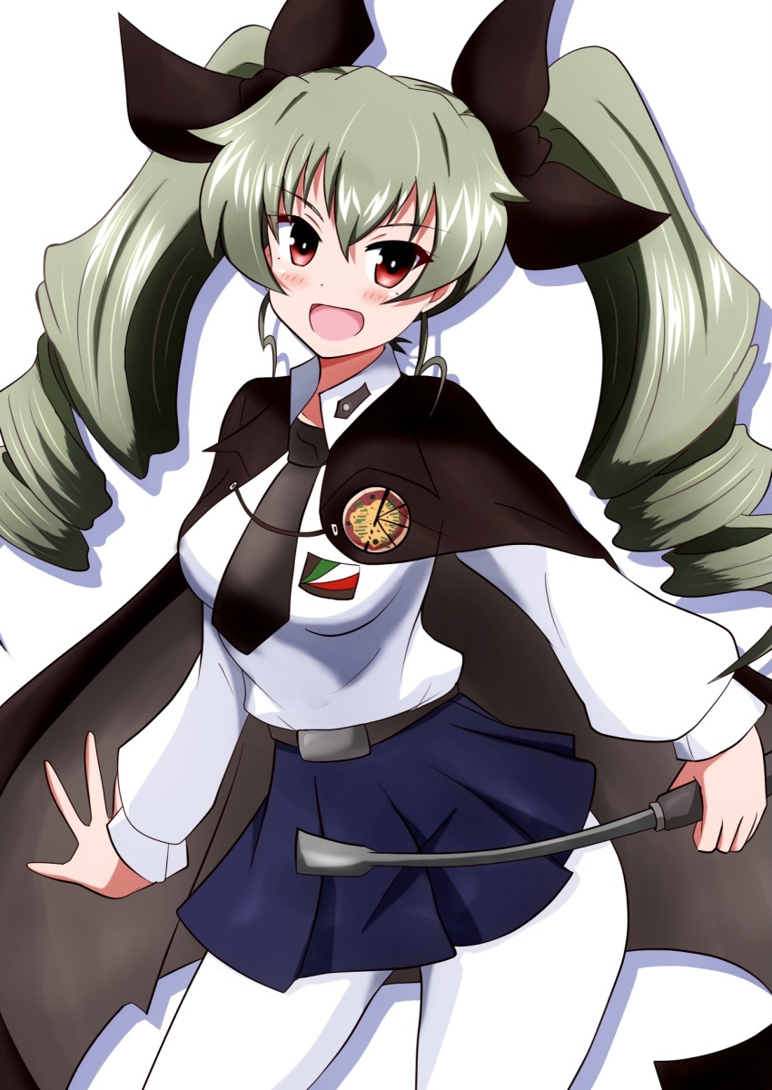 1girl anchovy_(girls_und_panzer) anzio_(emblem) anzio_school_uniform belt black_belt black_cape black_necktie black_ribbon black_skirt cape commentary cowboy_shot dress_shirt drill_hair emblem girls_und_panzer green_hair hair_ribbon highres long_hair long_sleeves looking_at_viewer meiya miniskirt necktie open_mouth pantyhose pleated_skirt red_eyes ribbon riding_crop school_uniform shadow shirt simple_background skirt smile solo standing twin_drills twintails white_background white_pantyhose white_shirt wing_collar