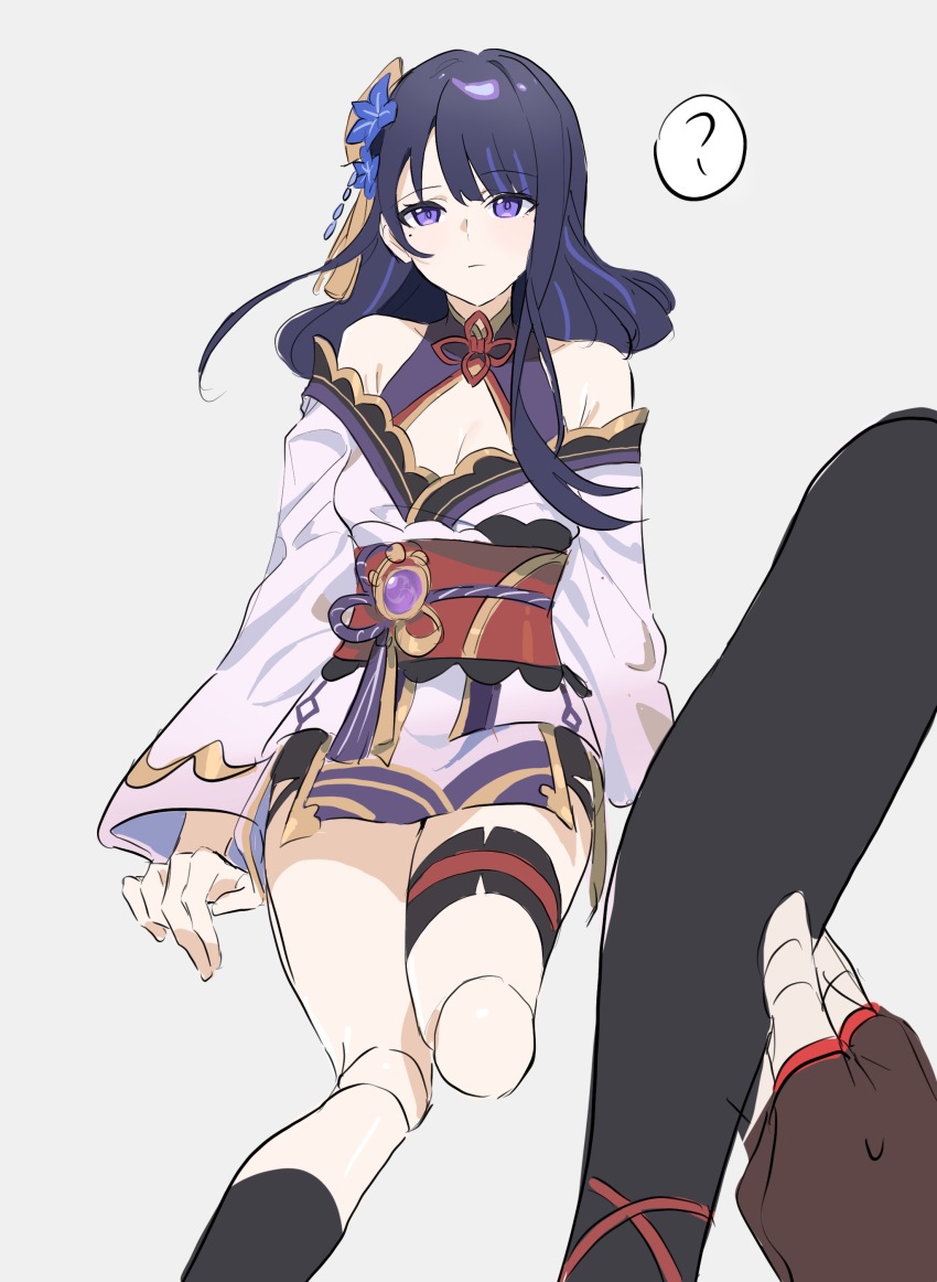 1boy 1girl ? absurdres alternate_costume alternate_universe bare_shoulders black_socks blue_flower blunt_bangs breasts center_opening chinese_commentary cleavage closed_mouth concept_art confused couple detached_leg doll_joints fingerless_gloves flower flower_ornament friends genshin_impact gloves grey_background hair_ornament head_tilt highres holding humanoid_robot japanese_clothes jewelry joints kaedehara_kazuha kimono large_breasts long_sleeves looking_at_viewer looking_to_the_side looking_up lying mengaijiang924 mole mole_under_eye multicolored_hair off_shoulder on_back pov pov_hands purple_eyes purple_hair purple_kimono raiden_shogun red_sash robot robot_joints sash shade simple_background sitting socks streaked_hair sweatdrop thick_thighs thighlet thighs wide_sleeves